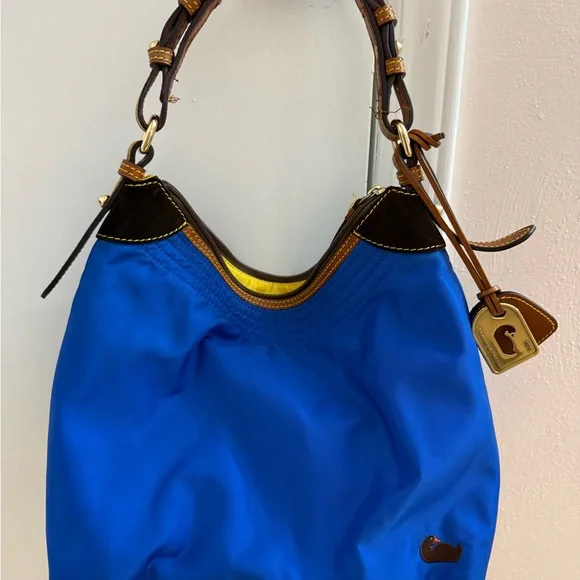 Dooney & Bourke Large Erica Top Handle Shoulder Bag Leather Trim Blue Gold - Picture 1 of 4